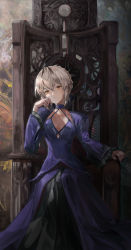 Rule 34 | 1girl, abstract background, absurdres, artoria pendragon (all), artoria pendragon (fate), black nails, blonde hair, blue dress, breasts, cleavage, cleavage cutout, clenched hand, clothing cutout, commentary, dappled sunlight, dress, fate/grand order, fate (series), female focus, frown, hair bun, hair up, hand on own cheek, hand on own face, highres, jenmin12, long sleeves, looking at viewer, medium breasts, nail polish, saber alter, short hair, sitting, solo, sunlight, throne, unamused, yellow eyes