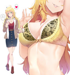 Rule 34 | 1girl, ahoge, arm up, armpits, belt, blonde hair, blue skirt, bow, bow bra, bra, breasts, brown belt, brown footwear, brown jacket, bubble tea, casual, cellphone, cleavage, commentary request, cup, green eyes, head tilt, heart, high-waist skirt, highres, holding, holding cup, holding phone, hoshii miki, idolmaster, idolmaster (classic), irohakaede, jacket, jewelry, lace, lace-trimmed bra, lace trim, lips, long hair, medium breasts, multiple views, necklace, open clothes, open jacket, parted lips, phone, shoes, simple background, skirt, spoken heart, strap pull, underwear, white background, yellow bow, yellow bra