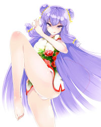Rule 34 | 1girl, :q, absurdres, barefoot, breasts, cameltoe, china dress, chinese clothes, double bun, dress, feet, fighting stance, floral print, highres, large breasts, leg up, legs, long hair, long legs, panties, pantyshot, purple eyes, purple hair, ranma 1/2, shampoo (ranma 1/2), solo, standing, string, string around finger, string of fate, thighs, toes, tongue, tongue out, ue, underwear, very long hair