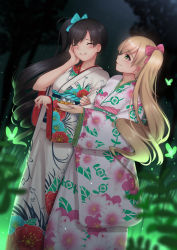 Rule 34 | 2girls, absurdres, arm hug, black hair, blonde hair, blush, bug, butterfly, closed eyes, destina (epic seven), drill hair, eating, epic seven, finger gun, floral print, genkung, green eyes, highres, insect, japanese clothes, kimono, long hair, long sleeves, looking at another, multiple girls, night, obi, outdoors, ruele (epic seven), sash, side ponytail, smile, twin drills, very long hair, white kimono, wide sleeves, yukata