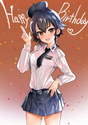 Rule 34 | 1girl, anzio school uniform, belt, beret, black belt, black hair, black hat, black necktie, black skirt, braid, bralines, brown background, brown eyes, commentary, confetti, cowboy shot, dress shirt, emblem, english text, fang, girls und panzer, gradient background, hair tie, hand on own hip, happy birthday, hat, heart, highres, long sleeves, looking at viewer, miniskirt, nakasone haiji, necktie, open mouth, pantyhose, pepperoni (girls und panzer), pleated skirt, salute, school uniform, shirt, short hair, side braid, skin fang, skirt, smile, solo, standing, tilted headwear, two-finger salute, white pantyhose, white shirt, wing collar