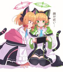 Rule 34 | &gt;:), 2girls, animal ear headphones, animal ears, black shorts, black skirt, black thighhighs, blonde hair, blue archive, blue necktie, blush, bow, closed mouth, collared shirt, commentary request, fake animal ears, green bow, green eyes, hair bow, halo, headphones, highres, holding, hood, hood down, hooded jacket, jacket, kotatsune, long sleeves, midori (blue archive), momoi (blue archive), multiple girls, necktie, nintendo switch, off shoulder, open clothes, open jacket, pleated skirt, puffy long sleeves, puffy sleeves, red bow, red eyes, shadow, shirt, shorts, siblings, simple background, sisters, skirt, smile, suspender skirt, suspenders, tail, thighhighs, translation request, twins, v-shaped eyebrows, white background, white jacket, white shirt, wide sleeves