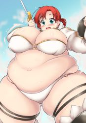 Rule 34 | 1girl, aqua eyes, belly, bikini, blush, boudica (fate), breasts, cleavage, exploding clothes, fat, fate/grand order, fate (series), female focus, highres, huge breasts, kurokaze no sora, navel, obese, open mouth, red hair, short hair, solo, swimsuit, sword, thick thighs, thighhighs, thighs, weapon
