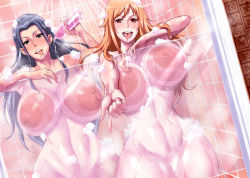 Rule 34 | 2girls, blue eyes, blush, breasts, brown eyes, come hither, curvy, haikawa hemlen, huge breasts, large areolae, multiple girls, nami (one piece), naughty face, nico robin, nipples, one piece, red hair, shared shower, showering, soap bubbles, teeth, thick thighs, thighs, water