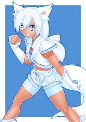 Rule 34 | 1girl, abs, absurdres, animal ears, bike shorts, blue eyes, blush, border, character request, dark skin, dark-skinned female, delica, fighting stance, fingerless gloves, gloves, grin, hair ribbon, highres, long hair, looking at viewer, midriff, muscular, original, parted lips, ribbon, shorts, smile, solo, spread legs, standing, tail, white hair