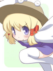 Rule 34 | 1girl, :&gt;, blonde hair, blue eyes, blush, hair ribbon, hat, kanno, moriya suwako, outstretched arms, raised eyebrow, ribbon, solo, thighhighs, touhou, white thighhighs, wide sleeves