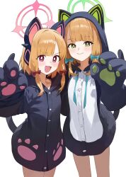 Rule 34 | 2girls, alternate costume, animal ears, animal hands, animal hood, black jacket, blonde hair, blue archive, bow, cat ears, cat tail, closed mouth, commentary request, cosplay, fake animal ears, fake tail, fang, gloves, green eyes, green halo, hair bow, halo, highres, hood, hood down, hood up, hooded jacket, jacket, kigurumi, looking at viewer, midori (blue archive), momoi (blue archive), multiple girls, open mouth, paw gloves, paw pose, pink eyes, pink halo, red bow, short hair, siblings, sidelocks, simple background, sisters, skin fang, smile, tail, twins, ushiwaka, v-shaped eyebrows, white background