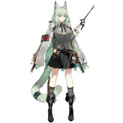 Rule 34 | 1girl, animal ear fluff, animal ears, arknights, artist request, black footwear, black skirt, boots, cardigan, cat ears, cat tail, full body, green eyes, green hair, grey cardigan, grey socks, hand up, harmonie (arknights), holding, holding wand, infection monitor (arknights), jacket, jacket on shoulders, charm (object), kneehighs, long hair, long sleeves, looking at viewer, miniskirt, official art, pleated skirt, skirt, smile, socks, solo, standing, tail, transparent background, very long hair, wand, white jacket