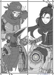 Rule 34 | 1girl, 2boys, animification, apex legends, bandana, breasts, classic revenant, hair bun, highres, holding, holding knife, humanoid robot, knife, looking down, medium breasts, monochrome, multiple boys, nose piercing, one-eyed, open hand, parted lips, pathfinder (apex legends), piercing, rai (scrambleriot), revenant (apex legends), robot, scarf, science fiction, scowl, simulacrum (titanfall), single hair bun, spot color, wraith&#039;s kunai, wraith (apex legends), yellow eyes