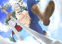 Rule 34 | abs, bara, bare pectorals, boots, denim, facial hair, foreshortening, from below, highres, holding, holding weapon, incoming attack, jeans, large pectorals, male focus, mature male, medium sideburns, muscular, muscular male, nipples, one piece, pants, pectorals, scar, scar on face, scar on forehead, short hair, sideburns stubble, smoker (one piece), sparse stubble, stitches, stubble, tsurime, weapon, white hair, wol 1014