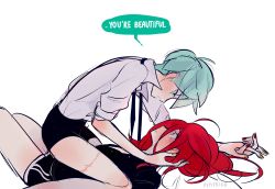 Rule 34 | 2others, ahoge, alternate costume, androgynous, aqua eyes, aqua hair, blush, contemporary, english text, hair between eyes, holding hands, highres, houseki no kuni, humanization, interlocked fingers, looking at another, lying, multiple others, nail polish, necktie, on back, phosphophyllite, red eyes, red hair, scar, cinnabar (houseki no kuni), short hair, shorts, signature, straddling, white background