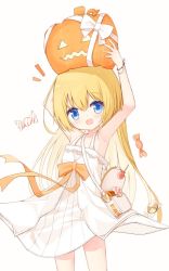 Rule 34 | 1girl, :d, armpits, arms up, bag, bare arms, bare shoulders, blonde hair, blue eyes, bow, candy, candy wrapper, commentary, dress, food, hair between eyes, jack-o&#039;-lantern, lollipop, long hair, notice lines, on head, open mouth, orange bow, original, shoulder bag, simple background, sleeveless, sleeveless dress, smile, solo, symbol-only commentary, very long hair, white background, white dress, yuuhagi (amaretto-no-natsu)
