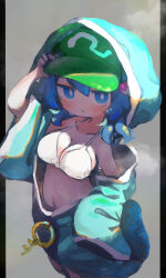 Rule 34 | 1girl, absurdres, blue coat, blue eyes, blue hair, blush, breasts, chii (tsumami tsumamare), cleavage, closed mouth, coat, collarbone, commentary, flat cap, green hat, hair between eyes, hair bobbles, hair ornament, hat, highres, hood, hood up, hooded coat, kawashiro nitori, key, medium breasts, short hair, sleeves past fingers, sleeves past wrists, solo, symbol-only commentary, touhou, two side up