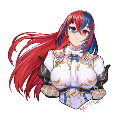 Rule 34 | 1girl, alear (female) (fire emblem), alear (fire emblem), blue eyes, blue hair, breasts, closed mouth, crossed bangs, fire emblem, fire emblem engage, heterochromia, large breasts, meziosaur, multicolored hair, nintendo, red eyes, red hair, simple background, solo, white background