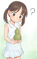 Rule 34 | 1girl, ?, blush, brown hair, child, dress, female focus, gourd, gradient background, green background, head tilt, highres, holding, nitera1041, original, parted bangs, short twintails, simple background, sleeveless, solo, twintails, white background