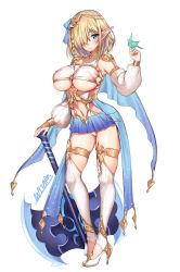 Rule 34 | 1girl, animal, artist name, axe, battle axe, bird, blonde hair, blush, braid, breasts, cape, closed mouth, commentary request, elf, elf village, fingernails, hair ornament, hair over one eye, hand up, high heels, kukuru (elf village), large breasts, leotard, long sleeves, looking at viewer, mataro (matarou), microskirt, mole, mole under eye, navel, original, pointy ears, revealing clothes, ribbed legwear, ribbed leotard, shiny skin, short hair, sidelocks, signature, skirt, solo, standing, stomach, underboob, weapon, white background, white legwear