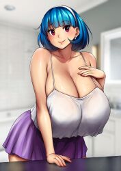 Rule 34 | 1girl, absurdres, blurry, blurry background, blush, breasts, camisole, cleavage, earrings, erkaz, hairband, hand on own chest, highres, huge breasts, indoors, jewelry, leaning forward, looking at viewer, original, purple skirt, red nails, rina atherina, shadow, skirt, smile, solo, white camisole, white hairband