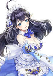 Rule 34 | 1girl, :d, ahoge, apron, back bow, black hair, blue bow, blue dress, blue eyes, blush, bow, breasts, cleavage, commentary request, cowboy shot, detached collar, detached sleeves, dress, frilled apron, frills, gloves, highres, king&#039;s raid, large bow, large breasts, long hair, looking at viewer, maid, maid headdress, mirianne (king&#039;s raid), open mouth, pointy ears, ruba (akiraoe 84), simple background, smile, solo, standing, white apron, white background, white bow, white gloves