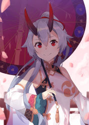 Rule 34 | 1girl, blush, breasts, cherry blossoms, china dress, chinese clothes, detached sleeves, dress, fate/grand order, fate (series), gold trim, hair ribbon, heroic spirit traveling outfit, highres, horns, kusubii, light blush, long hair, looking at viewer, oil-paper umbrella, oni horns, petals, ponytail, red eyes, red ribbon, ribbon, silver hair, smile, solo, tomoe (symbol), tomoe gozen (fate), tomoe gozen (traveling outfit) (fate), umbrella