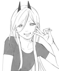 Rule 34 | 1girl, ajo cnsw, chainsaw man, cross-shaped pupils, greyscale, hair between eyes, horns, long hair, looking at viewer, monochrome, parted lips, power (chainsaw man), sharp teeth, simple background, smile, solo, symbol-shaped pupils, teeth, v, white background, white hair