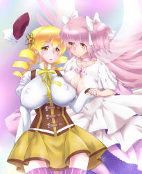 Rule 34 | 10s, 2girls, alternate breast size, beret, blonde hair, blush, breasts, cleavage, corset, covered erect nipples, detached sleeves, dress, drill hair, fingerless gloves, gloves, hair ornament, hair ribbon, hairpin, hat, highres, holding hands, huge breasts, kaname madoka, long hair, magical girl, mahou shoujo madoka magica, mahou shoujo madoka magica (anime), mizuumi (bb), multiple girls, open mouth, pink hair, pleated skirt, puffy sleeves, ribbon, short hair, short twintails, skirt, smile, spoilers, striped clothes, striped thighhighs, thighhighs, tomoe mami, twin drills, twintails, two side up, ultimate madoka, vertical-striped clothes, vertical-striped thighhighs, yellow eyes