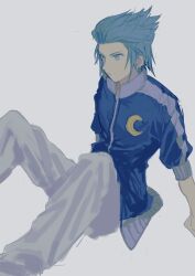 Rule 34 | 1boy, blue eyes, blue hair, blue jacket, closed mouth, commentary request, crescent, earrings, grey background, grey pants, highres, isa (kingdom hearts), jacket, jewelry, kingdom hearts, kingdom hearts birth by sleep, male focus, nishinsobha, pants, short hair, single earring, sitting, spiked hair