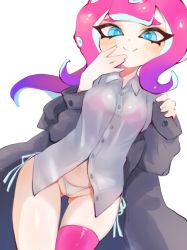 Rule 34 | 1girl, bikini, bikini under clothes, blue eyes, blush, cameltoe, cleft of venus, fang, gluteal fold, hand to own mouth, highres, jacket, jtveemo, light blush, long hair, looking at viewer, multicolored hair, nintendo, no pants, octoling, octoling player character, off shoulder, open collar, pink hair, pink thighhighs, red bikini, see-through, shirt, side-tie bikini bottom, simple background, single thighhigh, smile, splatoon (series), splatoon 2, standing, swimsuit, thigh gap, thighhighs, two-tone hair, wedgie, white background, white bikini