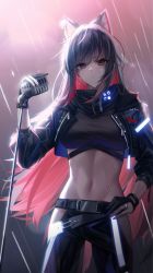 Rule 34 | 1girl, absurdres, ambience synesthesia, animal ear fluff, animal ears, arknights, belt, black belt, black gloves, black hair, black jacket, black pants, black shirt, brown eyes, closed mouth, colored inner hair, crop top, cropped jacket, gloves, highres, hip vent, holding, holding microphone stand, jacket, jewelry, long sleeves, looking at viewer, microphone, microphone stand, midriff, multicolored hair, navel, pants, partially fingerless gloves, red hair, ring, shirt, shokuyou koori, solo, standing, texas (arknights), two-tone hair, vintage microphone, wolf ears, wolf girl