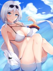 Rule 34 | 1girl, alternate costume, arm support, armpits, azur lane, baggy clothes, bikini, blue eyes, breasts, cleavage, coat, collarbone, covered erect nipples, cowboy shot, cross, cross earrings, day, earrings, eyewear on head, hair between eyes, hand up, head tilt, highres, jewelry, large breasts, looking at viewer, open mouth, outdoors, partially submerged, ranju aira, scarf, short hair, sidelocks, silver hair, sitting, skindentation, solo, stomach, sunglasses, swimsuit, thighs, tirpitz (azur lane), tirpitz (snow-melting summer) (azur lane), white bikini, white coat, white scarf, wind, yokozuwari