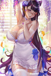 Rule 34 | 1girl, armpits, arms up, blue flower, blue rose, blush, breasts, bridal gauntlets, brown hair, cleavage, commentary request, cone hair bun, cowboy shot, cross-laced clothes, double bun, dress, fate/grand order, fate (series), finger to mouth, fish, flower, frills, garter straps, glasses, gloves, goldfish, groin, gtunver, hair between eyes, hair bun, hair ornament, halter dress, halterneck, highres, huge breasts, lace, lace-trimmed legwear, lace gloves, lace trim, large breasts, lily (flower), long hair, looking at viewer, murasaki shikibu (fate), navel, one eye closed, panties, parted lips, purple eyes, purple flower, red eyes, ribbon-trimmed clothes, ribbon trim, rose, semi-rimless eyewear, side-tie panties, solo, stomach, thighhighs, two side up, underwear, very long hair, white flower, white thighhighs, wisteria