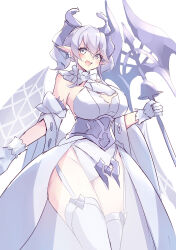 Rule 34 | 1girl, absurdres, blush, breasts, cleavage, collar, demon horns, detached collar, detached sleeves, dress, drill hair, earrings, garter belt, gloves, highres, holding, holding weapon, horns, huge breasts, jewelry, kanzakietc, leotard, looking at viewer, lovely labrynth of the silver castle, open mouth, pointy ears, revealing clothes, see-through, see-through dress, short hair, solo, thighhighs, twin drills, weapon, white collar, white dress, white gloves, white hair, white leotard, white sleeves, white thighhighs, yu-gi-oh!