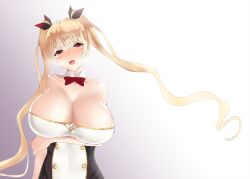 Rule 34 | 1girl, azur lane, bare shoulders, black ribbon, blonde hair, blush, breast hold, breasts, cleavage, collarbone, commentary request, covered navel, detached collar, floating hair, gradient background, hair ribbon, head tilt, heavy breathing, highres, huge breasts, long hair, looking at viewer, nelson (azur lane), open mouth, paundo2, red eyes, ribbon, skindentation, solo, twintails, very long hair