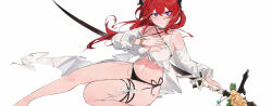 Rule 34 | 1girl, absurdres, arknights, bare legs, bare shoulders, barefoot, bikini, black bikini, black choker, bracelet, breasts, choker, cleavage, closed mouth, criss-cross halter, detached sleeves, halterneck, hand on own chest, highres, holding, holding sword, holding weapon, jewelry, large breasts, long hair, long sleeves, looking at viewer, navel, official alternate costume, purple eyes, red hair, shiershishisanfen, side-tie bikini bottom, solo, stomach, surtr (arknights), surtr (colorful wonderland) (arknights), swimsuit, sword, thigh strap, very long hair, weapon
