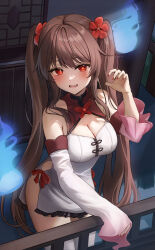 Rule 34 | 1girl, absurdres, blue fire, blush, breasts, brown hair, cleavage, commentary, detached sleeves, dress, fang, fire, flower, flower-shaped pupils, genshin impact, hair flower, hair ornament, highres, hini ni, hu tao (genshin impact), long hair, medium breasts, open mouth, red eyes, red nails, sidelocks, skin fang, sleeves past fingers, sleeves past wrists, solo, symbol-shaped pupils, thighs, twintails, white dress