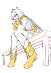 Rule 34 | 1girl, animal ears, armor, bench, boots, cape, cofee fan, crown, full body, horse ears, jewelry, long sleeves, looking at viewer, mini crown, miniskirt, multiple rings, partially colored, perspective, ring, shirt, short hair, shoulder armor, sitting, skirt, solo, steepled fingers, t.m. opera o (umamusume), thighhighs, tiptoes, umamusume, white background, yellow footwear