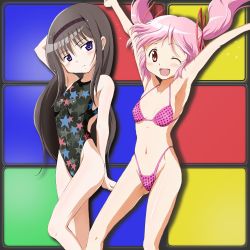 Rule 34 | 10s, 2girls, ;d, akemi homura, armpits, arms up, bikini, black hair, commission, competition swimsuit, hairband, highleg, highleg bikini, highleg swimsuit, highres, kaname madoka, kinfuji, long hair, mahou shoujo madoka magica, mahou shoujo madoka magica (anime), multiple girls, one-piece swimsuit, one eye closed, open mouth, pink eyes, pink hair, polka dot, polka dot bikini, polka dot swimsuit, purple eyes, short hair, smile, star (symbol), star print, swimsuit, twintails, wink