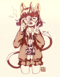 Rule 34 | 1girl, animal ear fluff, animal ears, antenna hair, beige background, blush, breasts, camera, camera around neck, cat ears, cat girl, cat tail, closed eyes, fingernails, glasses, hatching, highres, medium breasts, monochrome, open mouth, original, poch4n, ribbon, signature, simple background, skirt, solo, sparkle, tail, taking picture, teeth, tongue, uniform, upper teeth only, w, yellow background