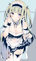 Rule 34 | 1girl, blonde hair, blue background, blush, bow legwear, breasts, cleavage, closed mouth, clothes lift, dress, dress lift, eyelashes, garter straps, hairband, hand up, highres, lifting own clothes, long hair, maid, original, pink eyes, simple background, skindentation, solo, thighhighs, two side up, white garter straps, white thighhighs, yu yu
