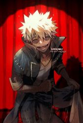 Rule 34 | 1boy, :d, artist name, black coat, black pants, boku no hero academia, burn scar, closed eyes, coat, collarbone, commentary, curtains, dabi (boku no hero academia), english commentary, facing viewer, kadeart, light, looking at viewer, male focus, open mouth, pants, scar, shadow, short hair, smile, solo, spoilers, stitches, teeth, white hair