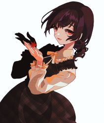 Rule 34 | 1girl, black hair, collar, dameyanke, dress, dutch angle, frilled collar, frilled sleeves, frills, halftone texture, highres, idolmaster, idolmaster shiny colors, leaf, long sleeves, looking at viewer, maple leaf, morino rinze, neck ribbon, pinafore dress, plaid, plaid dress, red eyes, ribbon, simple background, sleeveless dress, smile, solo, wavy hair