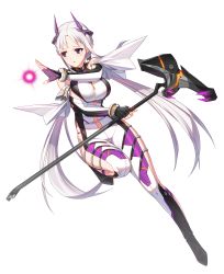 Rule 34 | 1girl, absurdres, closers, full body, highres, holding, levia (closers), long hair, magic, official art, purple eyes, red star alliance, solo, transparent background, white hair