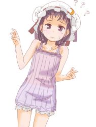 Rule 34 | 1girl, ?, bloomers, camisole, closed mouth, cowboy shot, crescent, crescent hair ornament, digital (digital001), hair ornament, hat, highres, patchouli knowledge, purple eyes, purple hair, simple background, sketch, solo, standing, sweat, touhou, underwear, white background, white hat