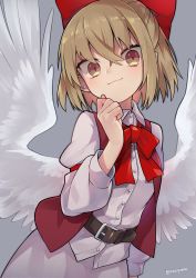 Rule 34 | 1girl, angel wings, belt, blonde hair, bow, bowtie, breasts, brown belt, brown vest, buttons, closed mouth, collared shirt, commentary request, contrapposto, dutch angle, feathered wings, gengetsu (touhou), grey background, hair bow, hand on own chin, highres, looking at viewer, open clothes, open vest, razuzyamu, red bow, red bowtie, shirt, short hair, skirt, small breasts, touhou, touhou (pc-98), vest, white shirt, white skirt, white wings, wings, yellow eyes