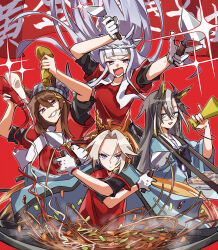 4girls animal_ears beanie bow bowtie brown_hair cooking crossed_arms dagasitotaiyou dream_journey_(umamusume) dual_wielding ears_through_headwear eyewear_strap glasses gloves gold_ship_(umamusume) grey_hair grey_hat grin happi hat highres holding holding_megaphone holding_spatula horse_ears horse_girl jacket jacket_on_shoulders japanese_clothes layered_sleeves light_brown_hair megaphone multiple_girls nakayama_festa_(umamusume) orange_hair orfevre_(umamusume) purple_eyes red_shirt sailor_collar school_uniform shirt short_sleeves sidelocks sideways smile spatula squeeze_bottle striped_clothes striped_headwear summer_uniform tracen_school_uniform umamusume upper_body v-shaped_eyebrows white_gloves white_sailor_collar yakisoba