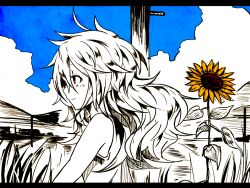 Rule 34 | 1girl, flower, itoshiki eru, long hair, looking at another, original, red eyes, sketch, smile, sunflower