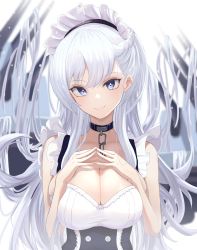 Rule 34 | 1girl, absurdres, azur lane, bare shoulders, belfast (azur lane), braid, breasts, chain, choker, cleavage, closed mouth, daily (daily178900), french braid, highres, large breasts, long hair, looking at viewer, maid, maid headdress, silver hair, sleeveless, smile, solo, underbust