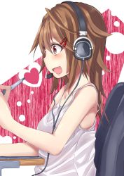 Rule 34 | 1girl, :d, bad id, bad pixiv id, blush, brown eyes, brown hair, cable, drawing tablet, haruyuki (yukichasoba), headset, heart, highres, long hair, open mouth, original, smile, solo, stylus, tank top