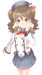 Rule 34 | 1girl, bad id, bad pixiv id, brown eyes, brown hair, cosplay, gloves, hat, kantai collection, kashima (kancolle) (cosplay), kashima (kancolle), kibamigohann, ryuujou (kancolle), skirt, smile, solo, sweatdrop, twintails, uniform
