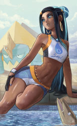 Rule 34 | 1girl, abs, absurdres, andre borges, arm support, armlet, arrokuda, belly chain, bike shorts, black hair, blue eyes, blue hair, cloud, commentary request, creatures (company), dark-skinned female, dark skin, day, drednaw, dynamax band, earclip, earrings, game freak, gen 8 pokemon, gloves, hair bun, hand on own thigh, highres, hoop earrings, jewelry, leaning to the side, long hair, looking to the side, multicolored hair, navel, necklace, nessa (pokemon), nintendo, outdoors, parted lips, partially fingerless gloves, pokemon, pokemon (creature), pokemon swsh, pool, shiny skin, single glove, single hair bun, sitting, sky, two-tone hair, water