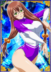 Rule 34 | 1girl, ass, bare legs, blush, breasts, breasts squeezed together, brown hair, card (medium), embarrassed, glasses, green eyes, gymnast leotard, hair ornament, highleg, highleg leotard, ikkitousen, large breasts, leotard, long hair, looking at viewer, official art, purple leotard, ryuubi gentoku, shiny clothes, shiny skin, solo, very long hair, wide hips